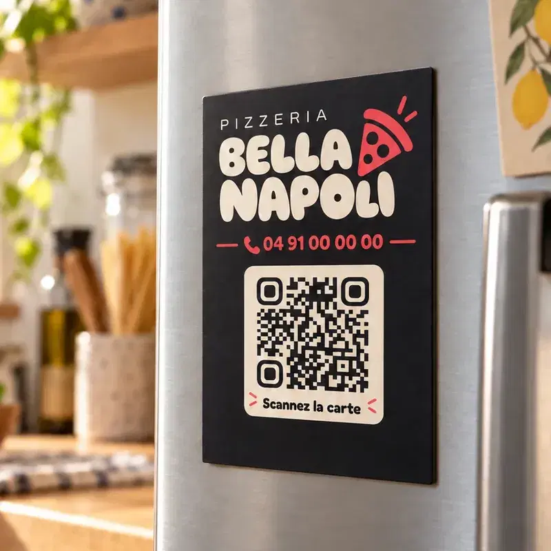 Pizzeria magnet on a fridge, with the menu QR code