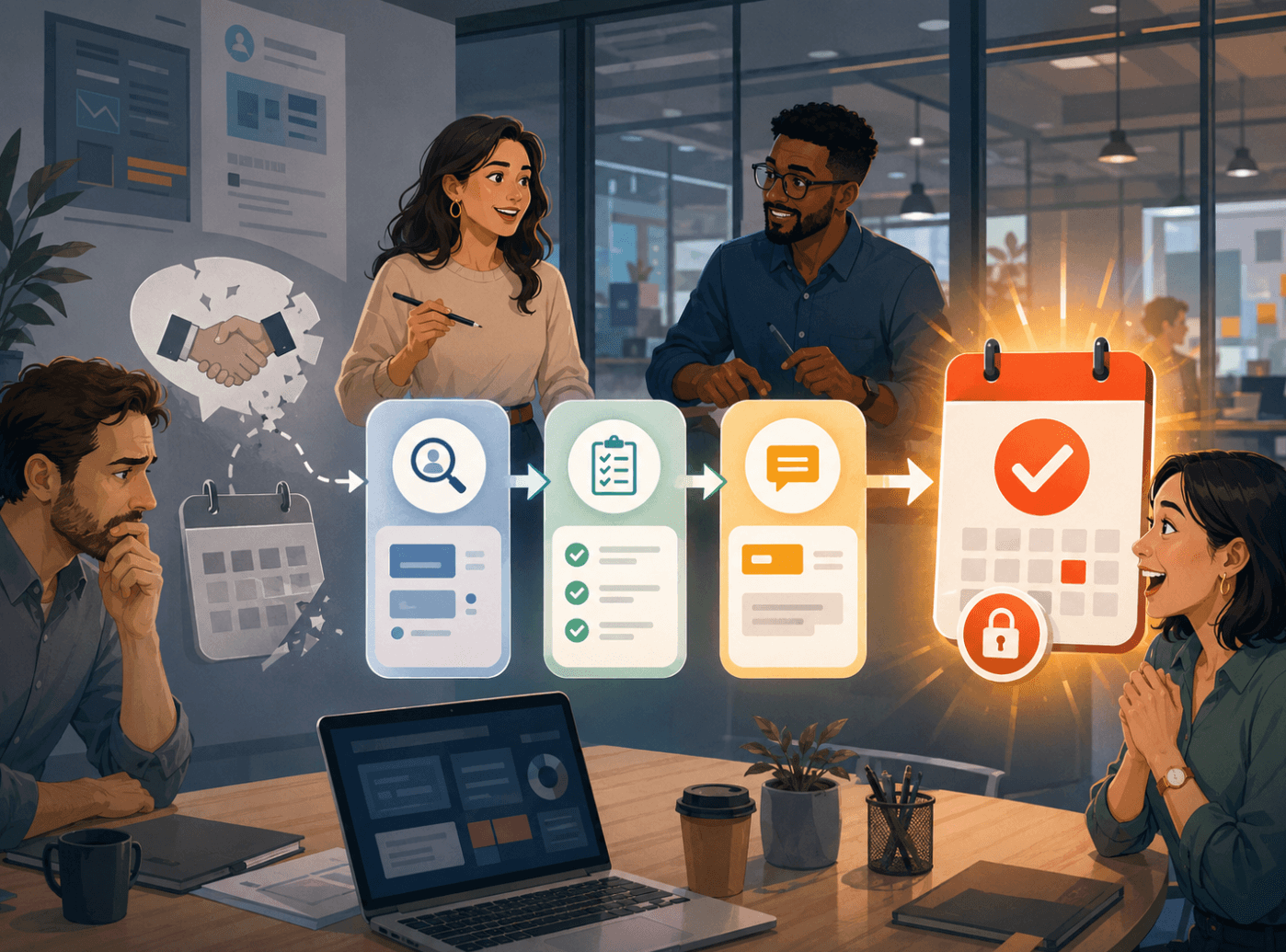 Un commercial B2B consultant son agenda en ligne pour programmer un rendez-vous de découverte suite à une réponse positive par email