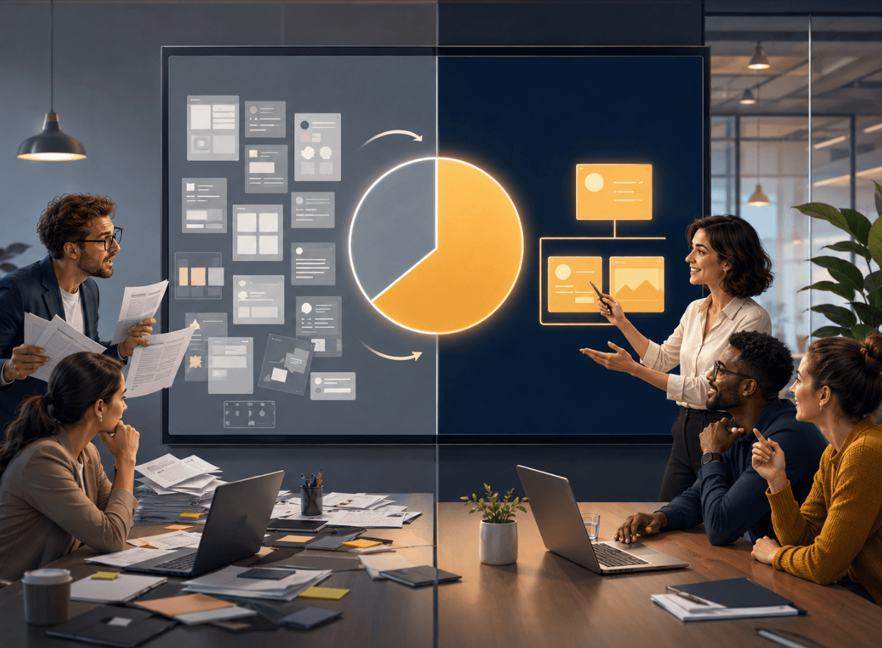 Un commercial B2B menant un entretien de discovery structuré face à un dirigeant de PME, carnet de notes ouvert, posture d'écoute active