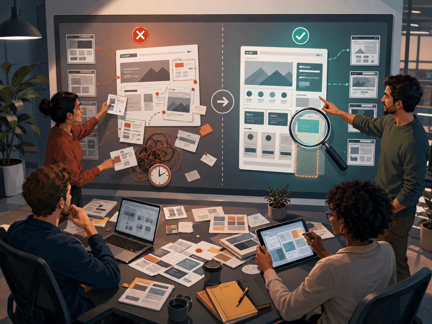 Dirigeante de PME comparant plusieurs sites web concurrents sur un tableau d'analyse