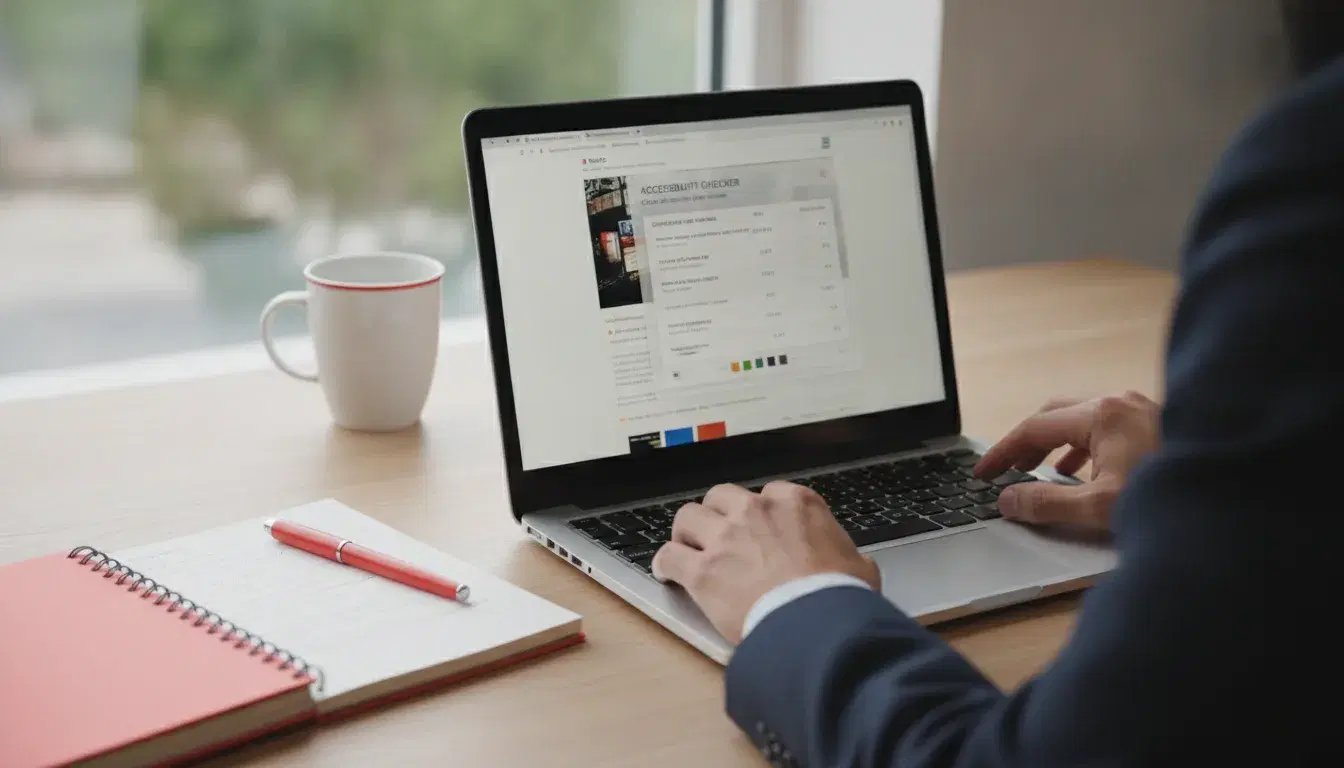 Mains sur un clavier d'ordinateur portable affichant un panneau de vérification d'accessibilité et de contraste sur un site web, carnet rouge corail sur le bureau