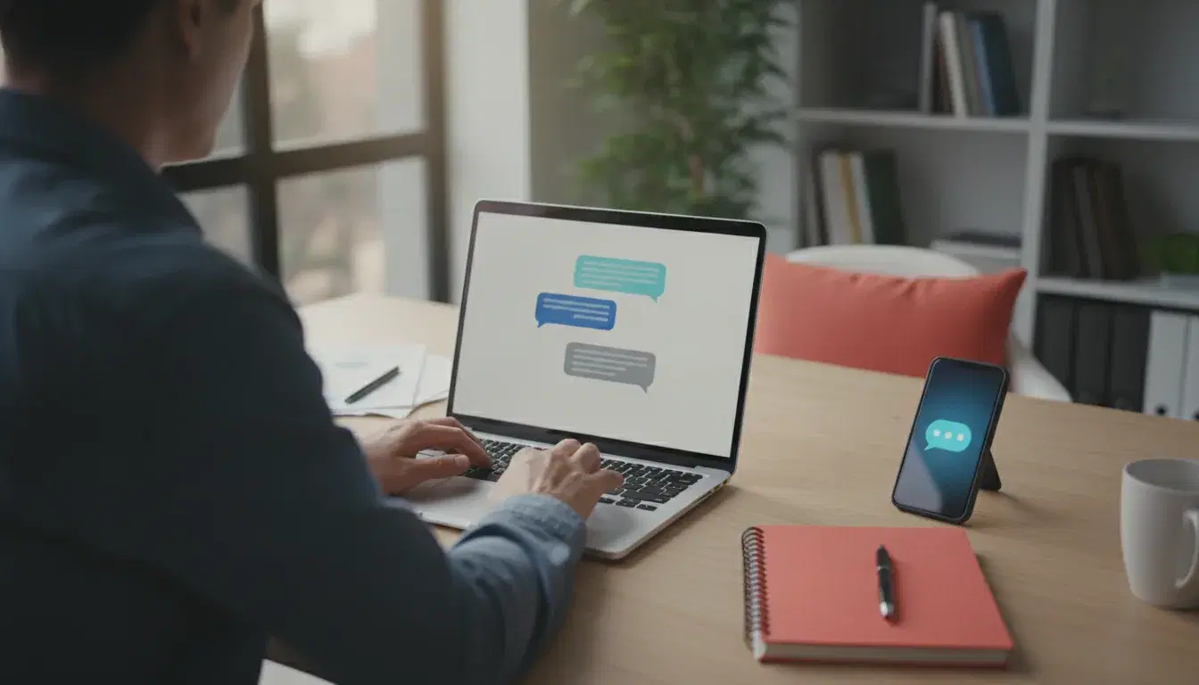 Dirigeant de TPE-PME configurant un chatbot IA sur son ordinateur portable, avec un smartphone et un carnet rouge corail sur le bureau