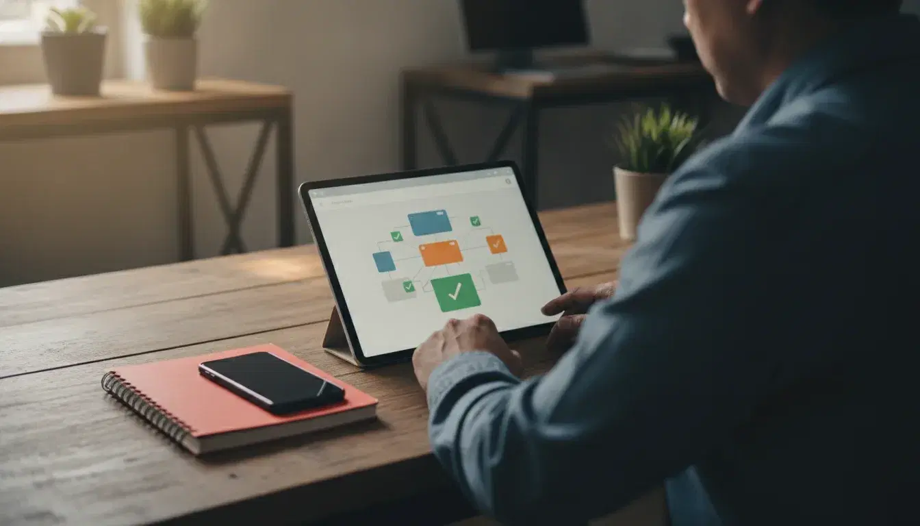 Entrepreneur consultant une tablette affichant un workflow d'agent IA sur un bureau en bois avec un carnet corail