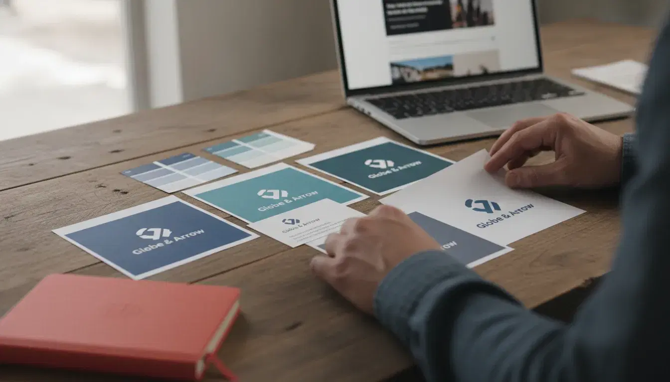 Designer comparant des épreuves imprimées de logo et des nuanciers de couleurs sur un bureau lors d'un audit d'identité visuelle