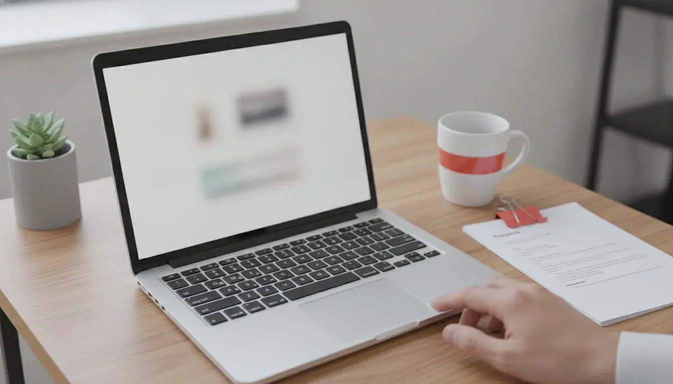 Bureau de petite entreprise avec un ordinateur portable à l'écran flouté, une pile de CV imprimés retenue par un trombone rouge corail et une main floutée