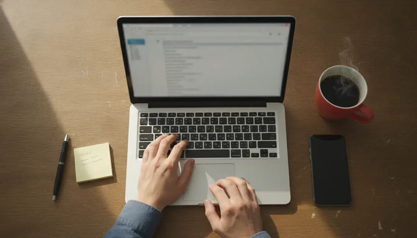 Vue du dessus d'un bureau en bois avec des mains tapant sur un ordinateur portable, une tasse corail de café et un smartphone, écran flou affichant une liste de messages