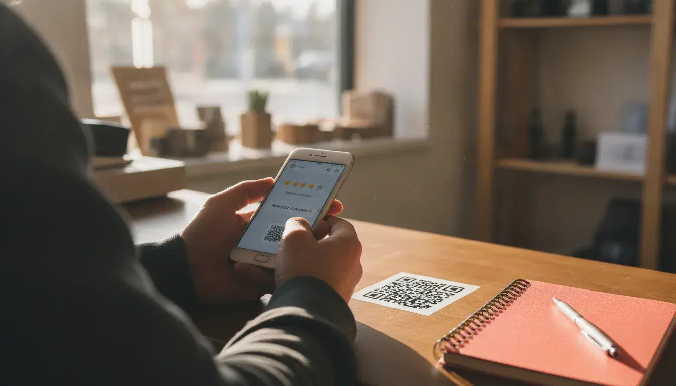 Commerçant tenant un smartphone affichant une interface d'avis Google au comptoir, avec un QR code et un carnet corail