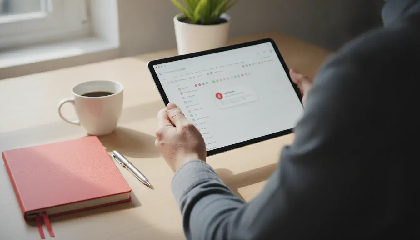 Mains tenant une tablette affichant un CRM automatisé avec historique client, sur un bureau avec un carnet rouge corail