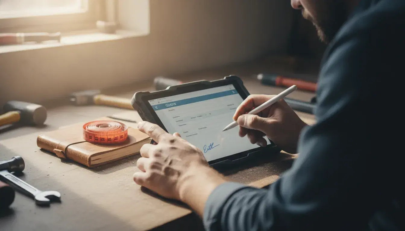 Artisan signant un devis électronique sur une tablette dans son atelier