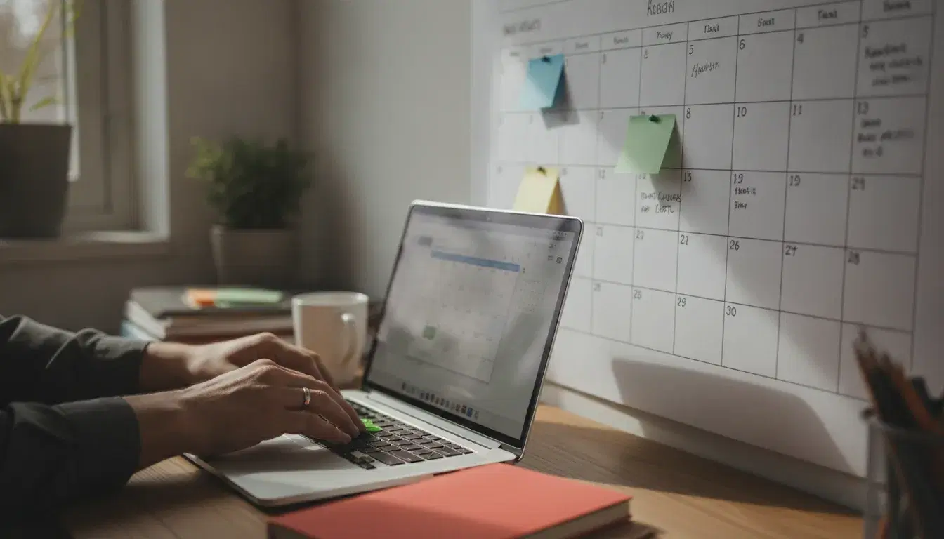 Small business owner's hands pinning colorful tags onto a wall-mounted leave planning calendar, with a coral red notebook next to the keyboard