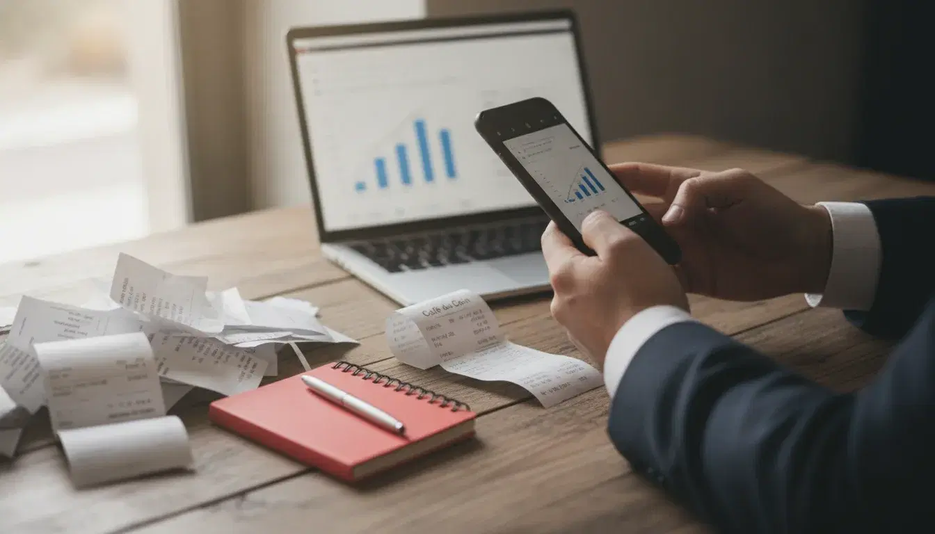Entrepreneur photographiant un ticket de caisse froissé avec son smartphone pour automatiser la gestion de ses notes de frais