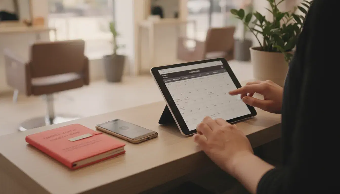 Mains tapant sur une tablette affichant un agenda de rendez-vous en ligne sur un comptoir d'accueil, avec un carnet de rendez-vous rouge corail à côté