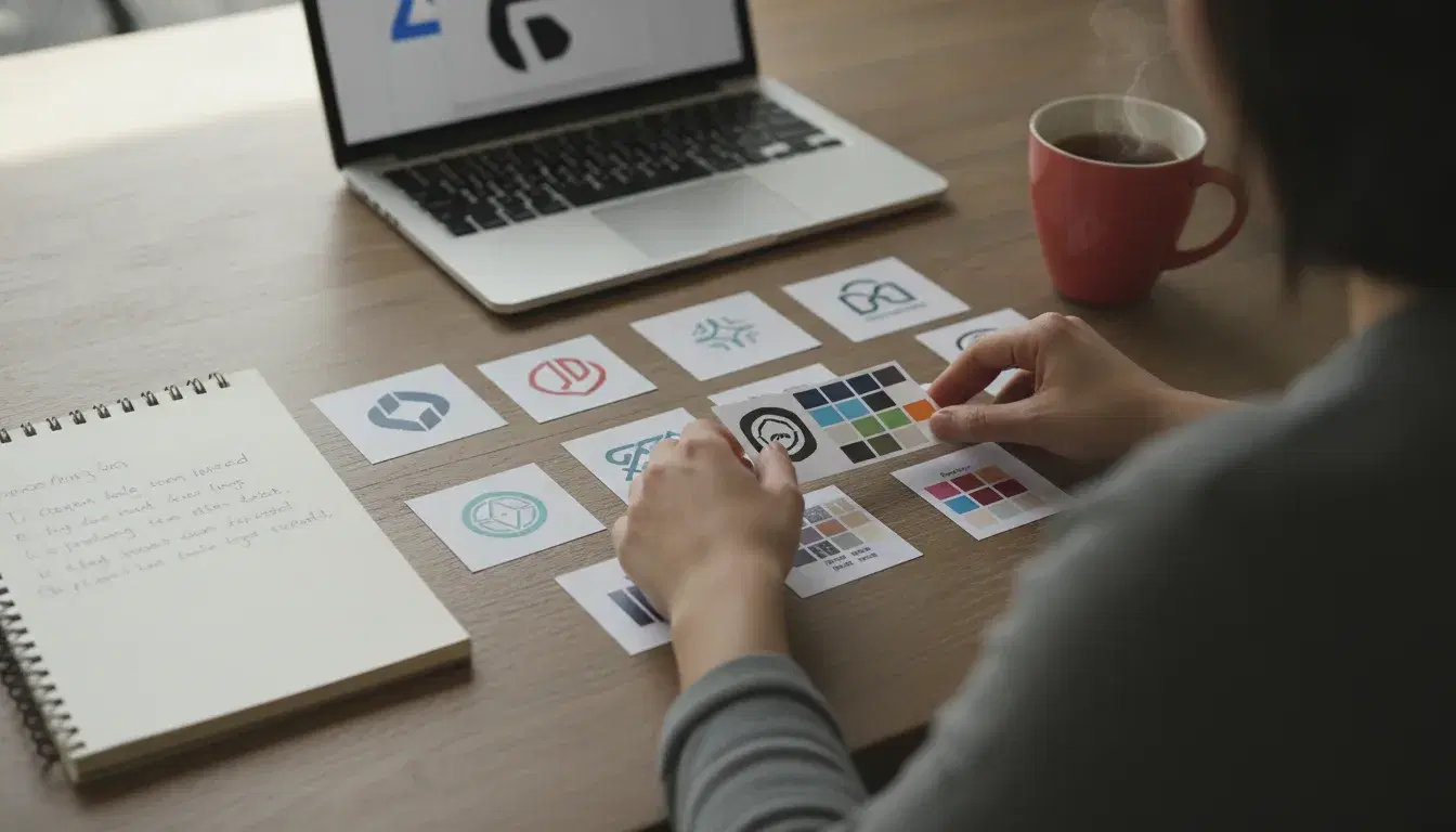 Business owner preparing a creative brief with visual references and color swatches on a wooden desk