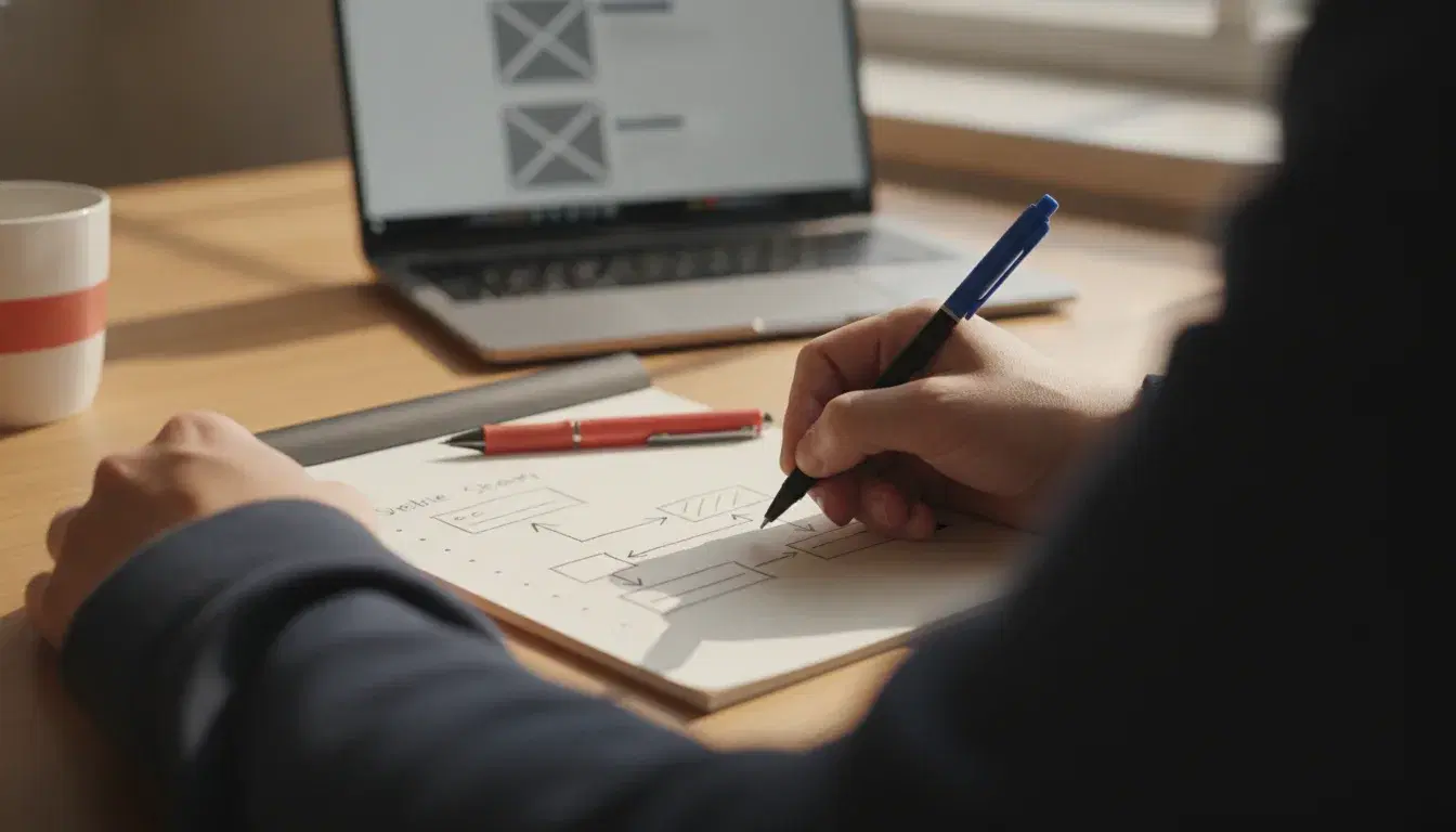 Mains prenant des notes et esquissant un plan de site sur un carnet, ordinateur portable flou en arrière-plan avec une maquette de site web