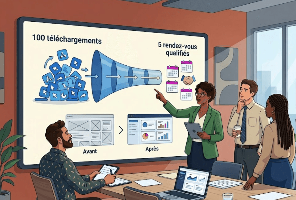 Tableau de bord marketing affichant les taux de conversion et les rendez-vous qualifiés d'un tunnel B2B
