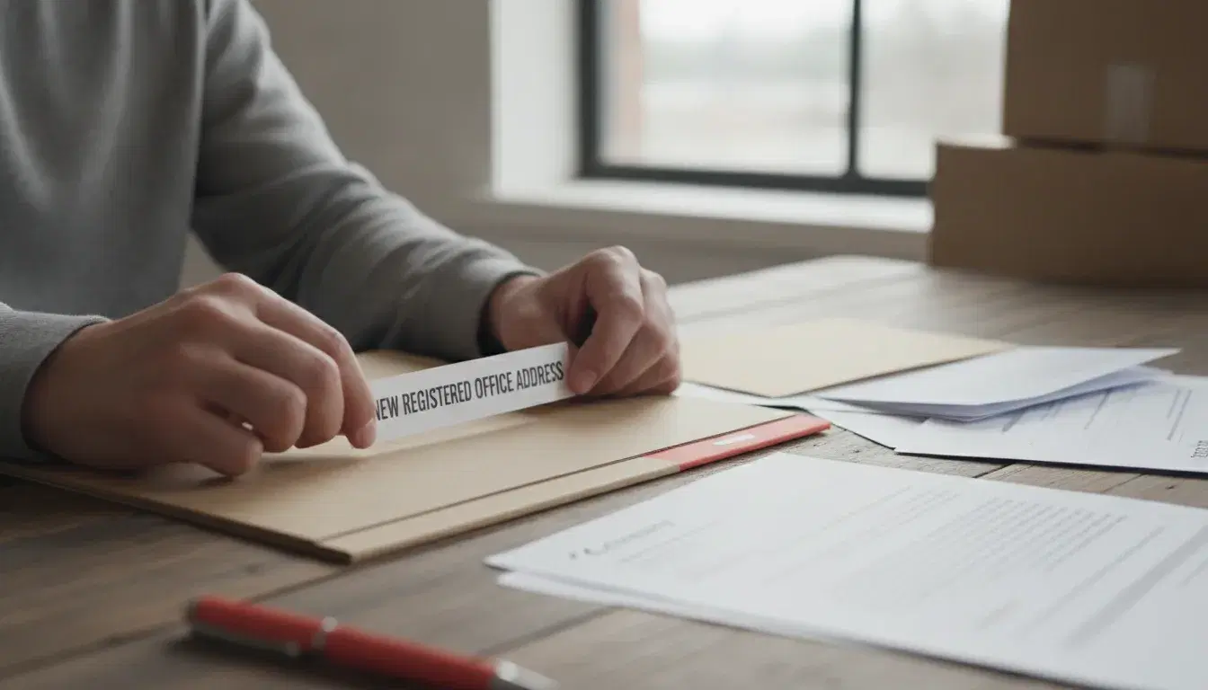 Mains posant une étiquette de changement d'adresse sur un dossier professionnel, avec des documents d'entreprise sur un bureau en bois