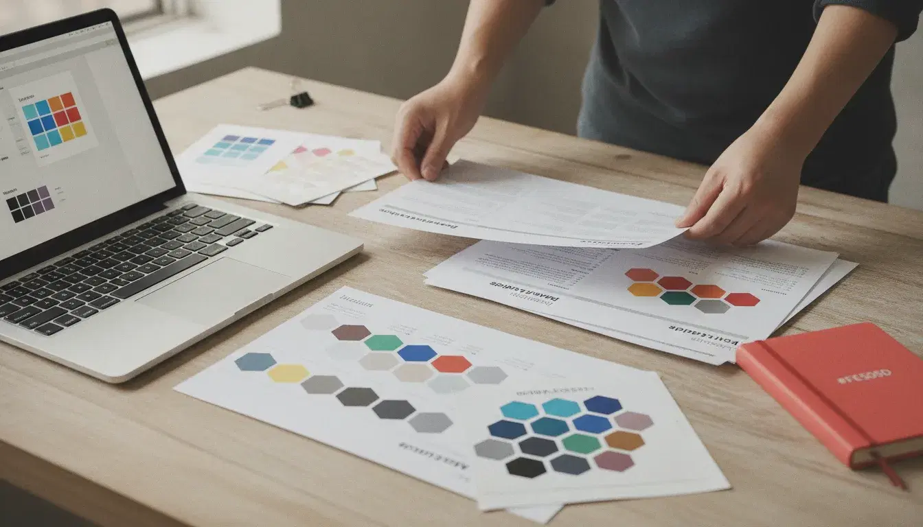 Designer organisant les pages d'une charte graphique et des échantillons de couleurs sur un bureau, avec un carnet rouge corail