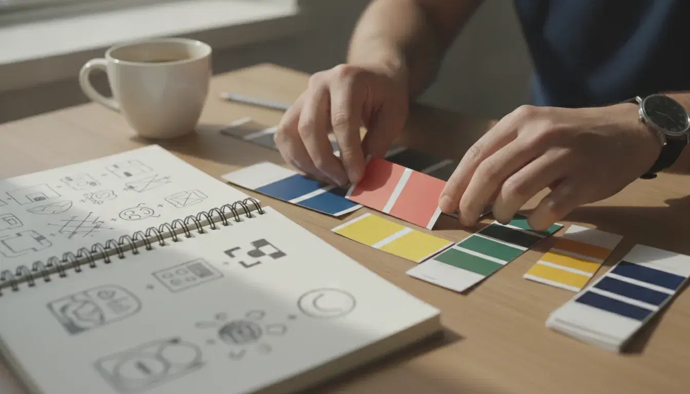 Mains d'un designer disposant des nuanciers de couleurs et des pantones à côté d'un carnet de croquis de logo, avec une touche corail