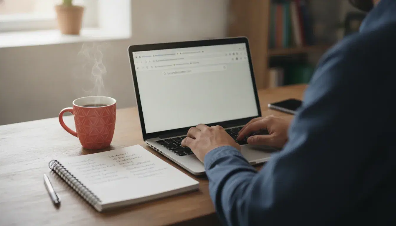 Mains d'un entrepreneur tapant l'adresse d'un site web sur un ordinateur portable, avec un carnet d'idées de noms de domaine et une tasse rouge corail sur le bureau