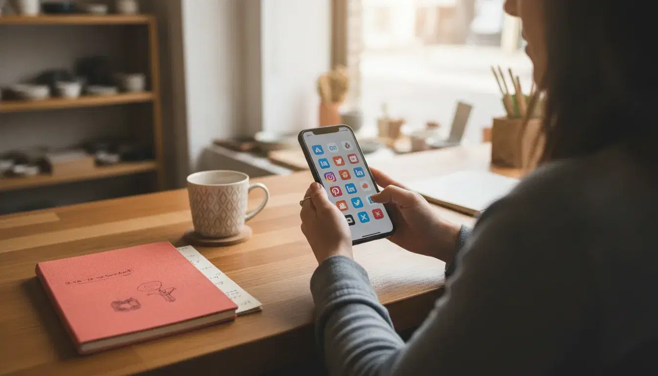 Entrepreneur comparant les applications de réseaux sociaux sur son smartphone au comptoir de sa boutique