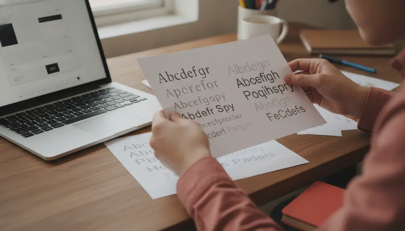 Mains d'un graphiste comparant des planches de typographies imprimées sur un bureau en bois, à côté d'un ordinateur portable affichant une mise en page, avec un carnet rouge corail