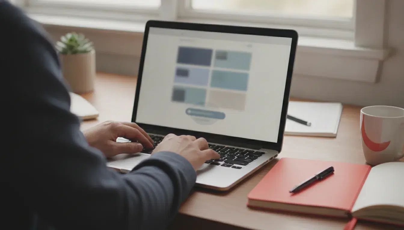 Entrepreneur travaillant sur son ordinateur portable à un bureau en bois, écran affichant une maquette de site web avec un bandeau de consentement flouté, carnet rouge corail posé