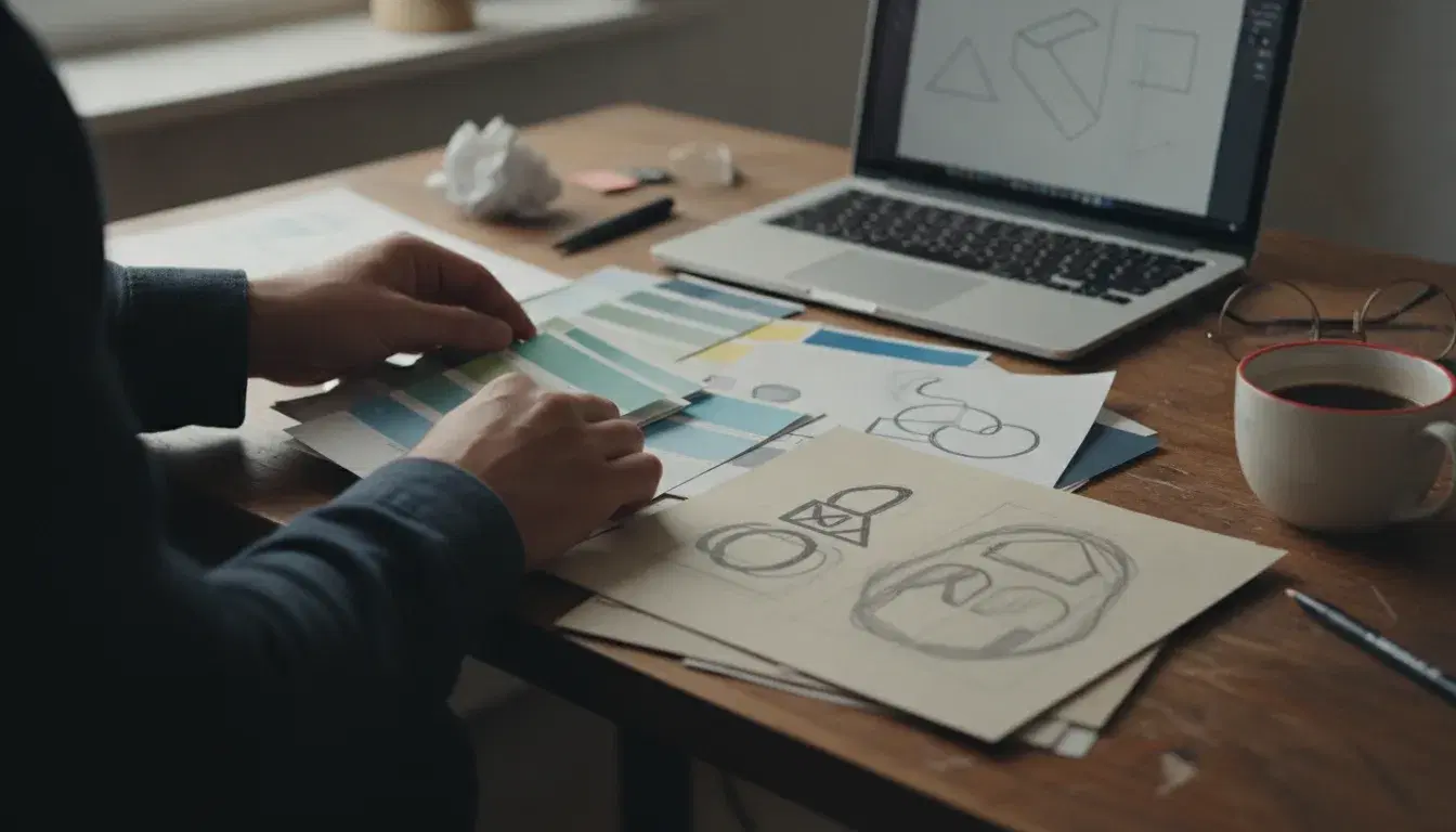 Designer's hands arranging color swatches and logo concept sketches on a desk for a 2026 logo and brand identity redesign