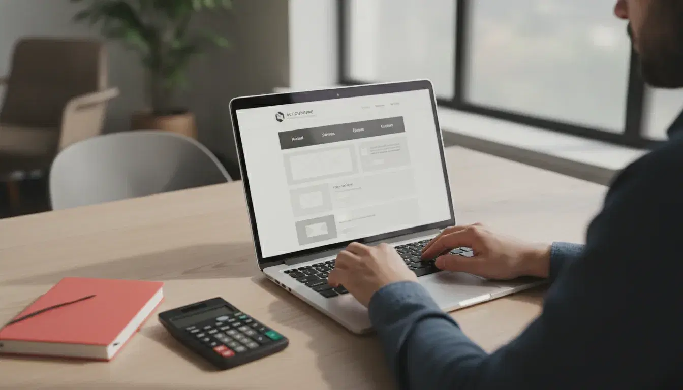 Mains tapant sur un ordinateur portable affichant la maquette d'un site web pour un cabinet d'expertise comptable, avec un carnet rouge corail sur le bureau