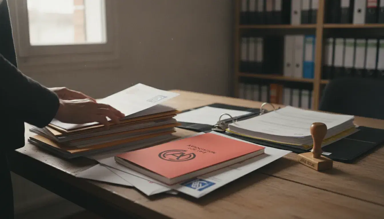 Bénévole classant des dossiers d'association et un carnet rouge corail sur une table en bois pour la domiciliation du siège social