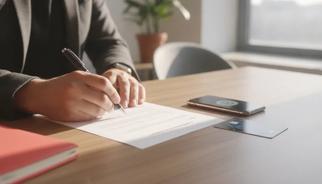 Entrepreneur signing a domiciliation contract on a desk, with a bank card and a coral red notebook