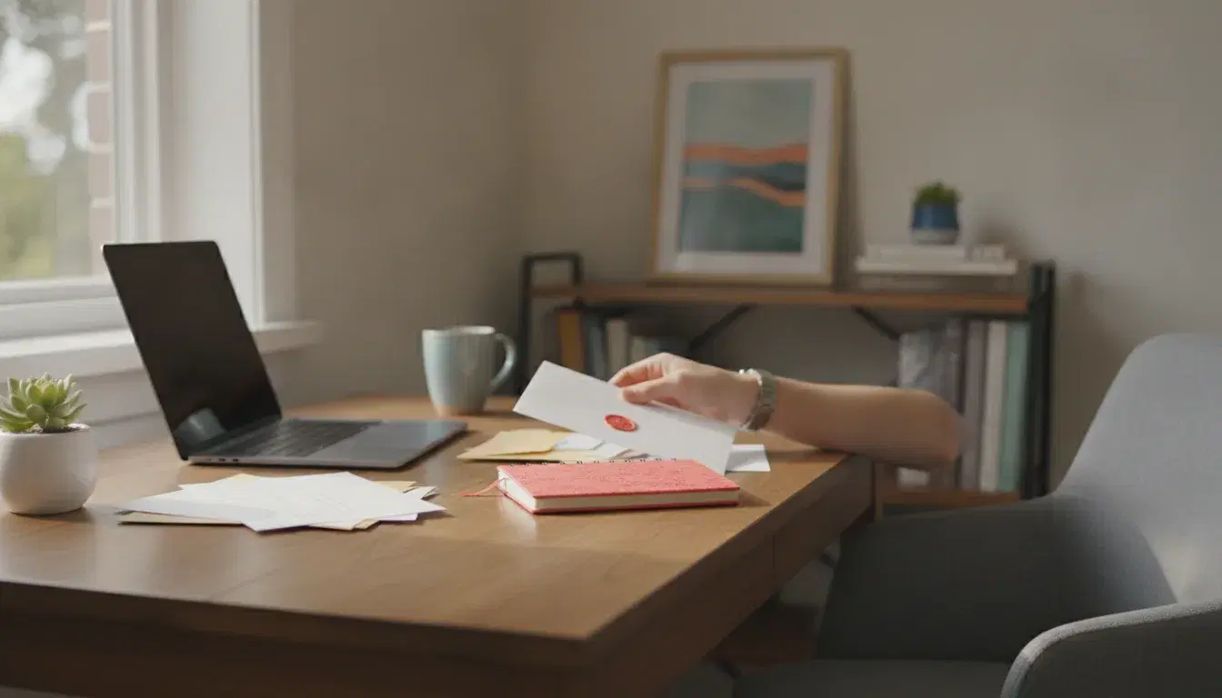 Bureau à domicile avec courrier professionnel et ordinateur portable, lumière du matin