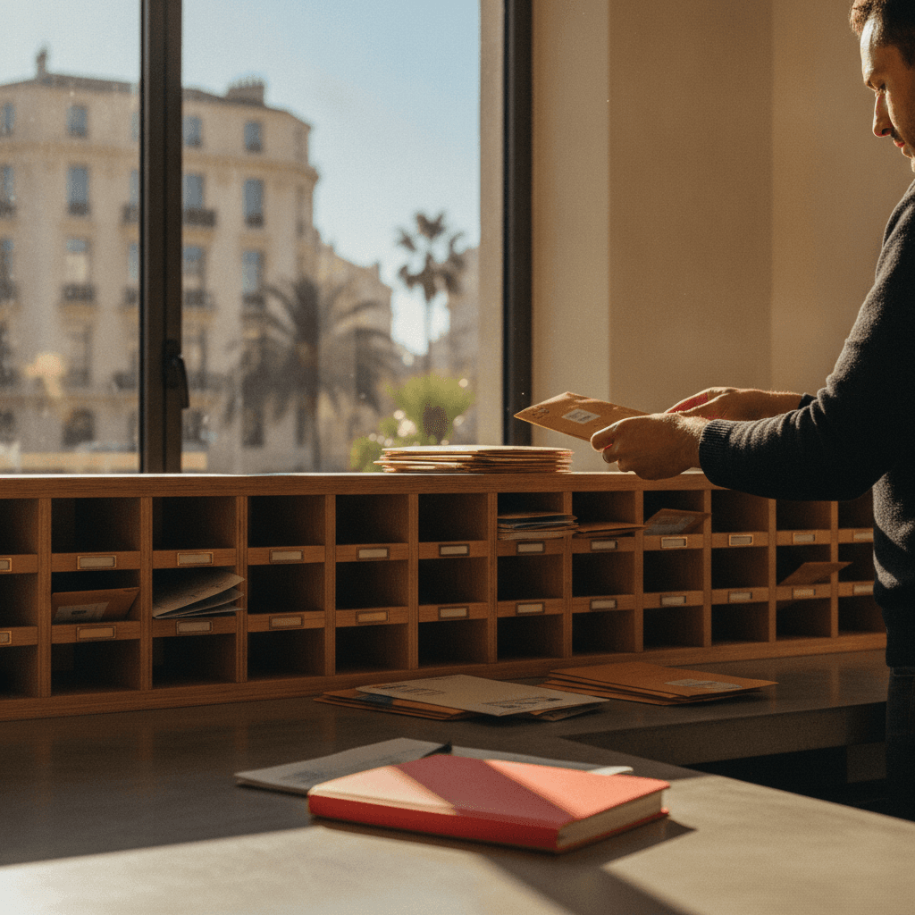 Gros plan sur des mains triant du courrier dans des casiers en bois à l'accueil d'un bureau, avec un carnet rouge corail posé à proximité