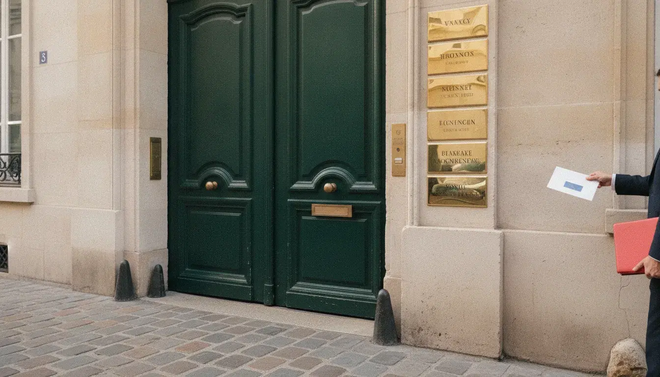 Façade haussmannienne à Paris avec plaques professionnelles en laiton et main glissant une enveloppe dans la boîte aux lettres