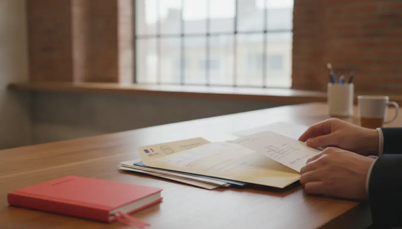 Mains triant du courrier professionnel sur un bureau d'accueil en bois, avec un carnet rouge corail et une fenêtre en brique en arrière-plan flou