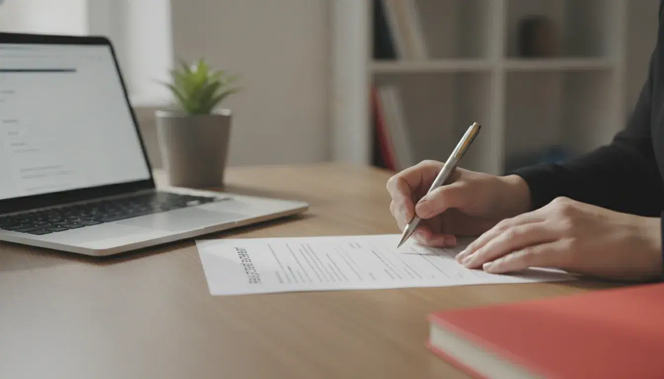 Mains signant un contrat de domiciliation d'entreprise sur un bureau, avec un carnet corail à côté d'un ordinateur portable