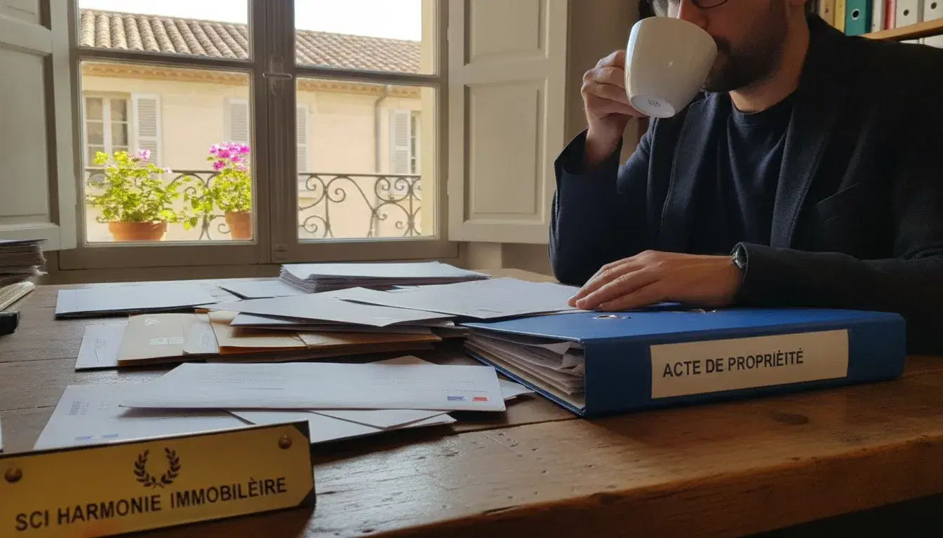 Domiciliation file and official mail for a French SCI on a wooden desk near a Mediterranean-style facade