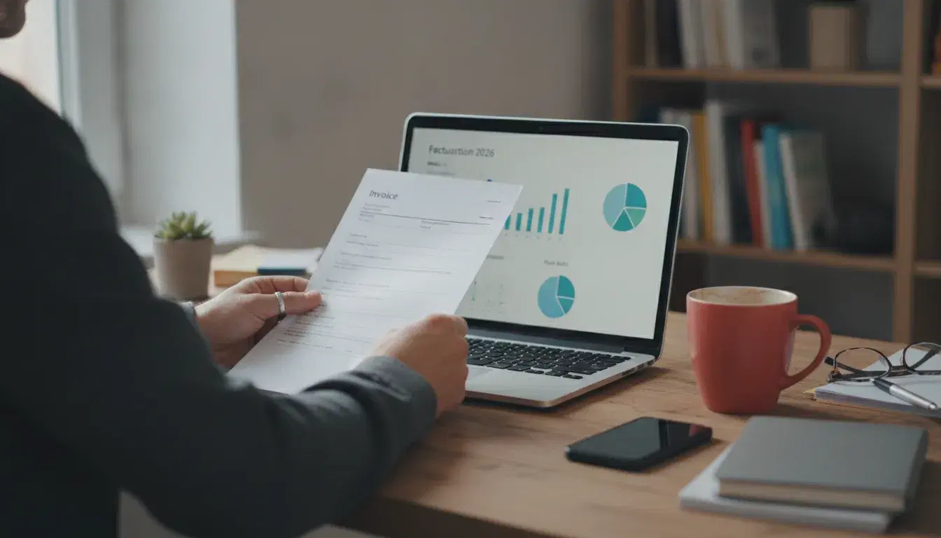 Small business owner reviewing a paper invoice at a desk with a laptop showing a dashboard, coral red mug nearby