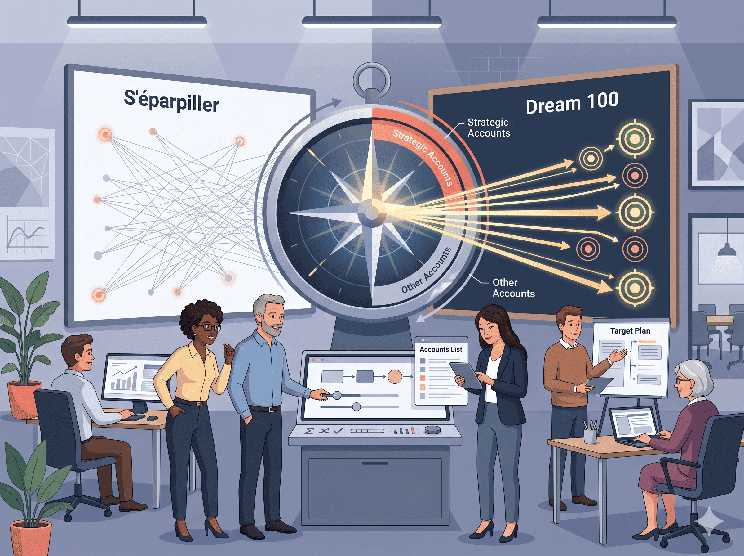 Interface de gestion de base de données prospects montrant une segmentation stratégique entre comptes prioritaires et secondaires