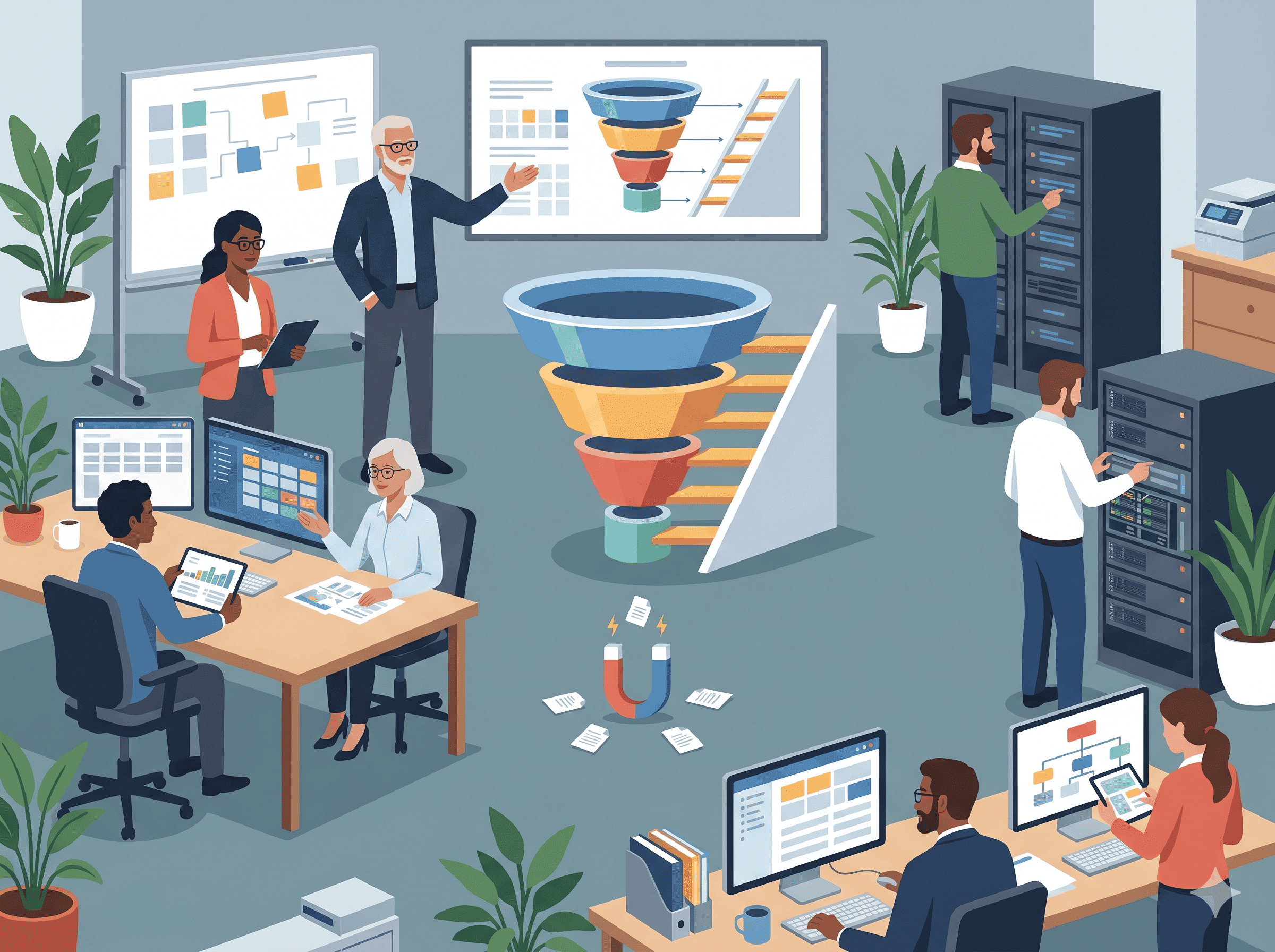 Schéma complet d'un tunnel de vente stratégique B2B avec escalier de valeur