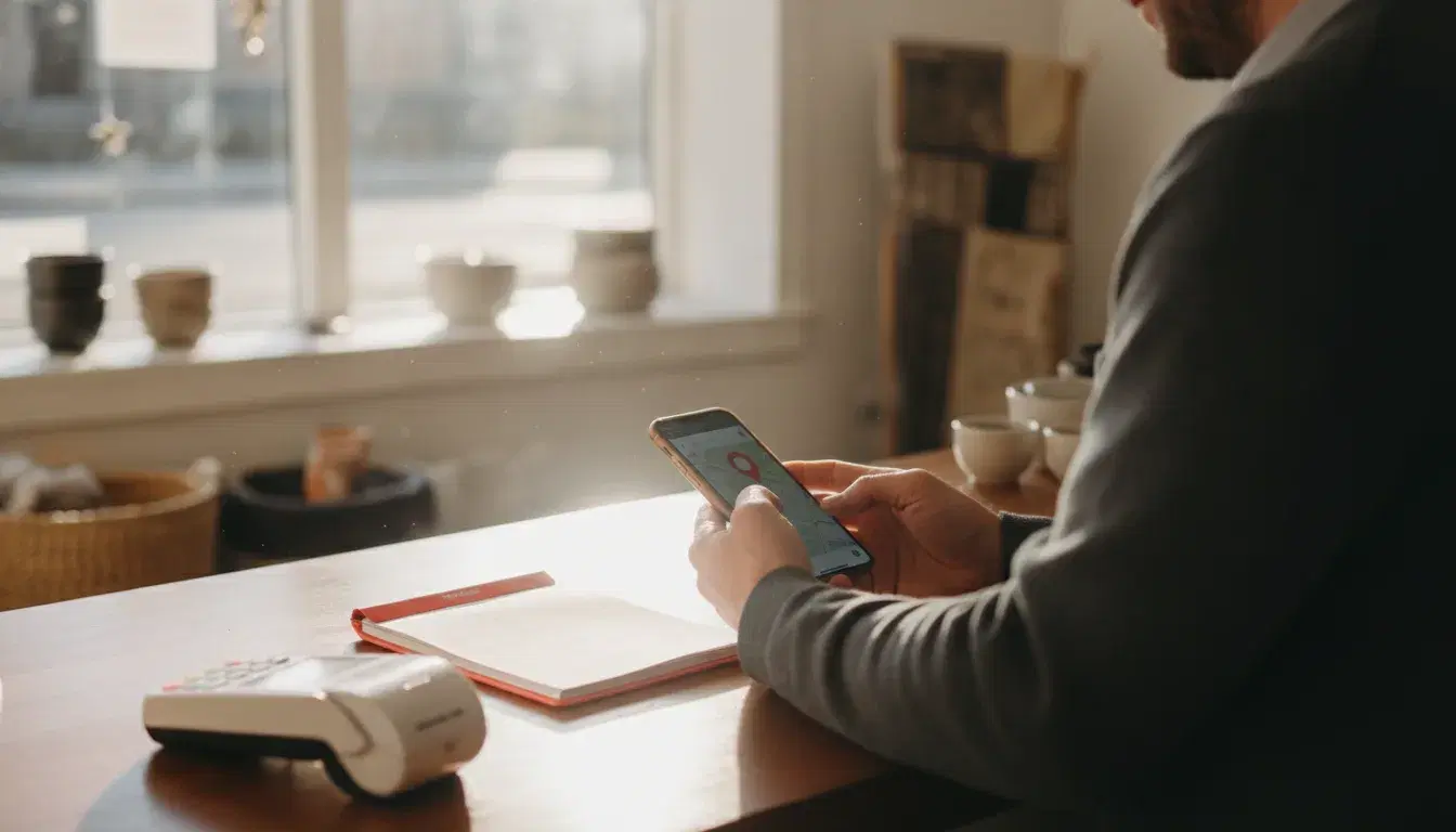 Commerçant consultant sa fiche Google Business Profile sur son smartphone au comptoir de sa boutique