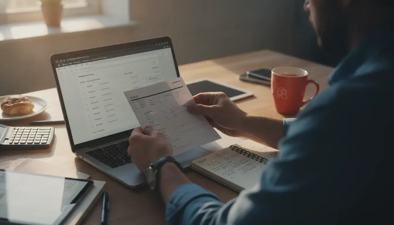 Entrepreneur consultant une facture papier à côté d'un ordinateur affichant un rapprochement bancaire automatisé, avec un carnet rouge corail sur le bureau