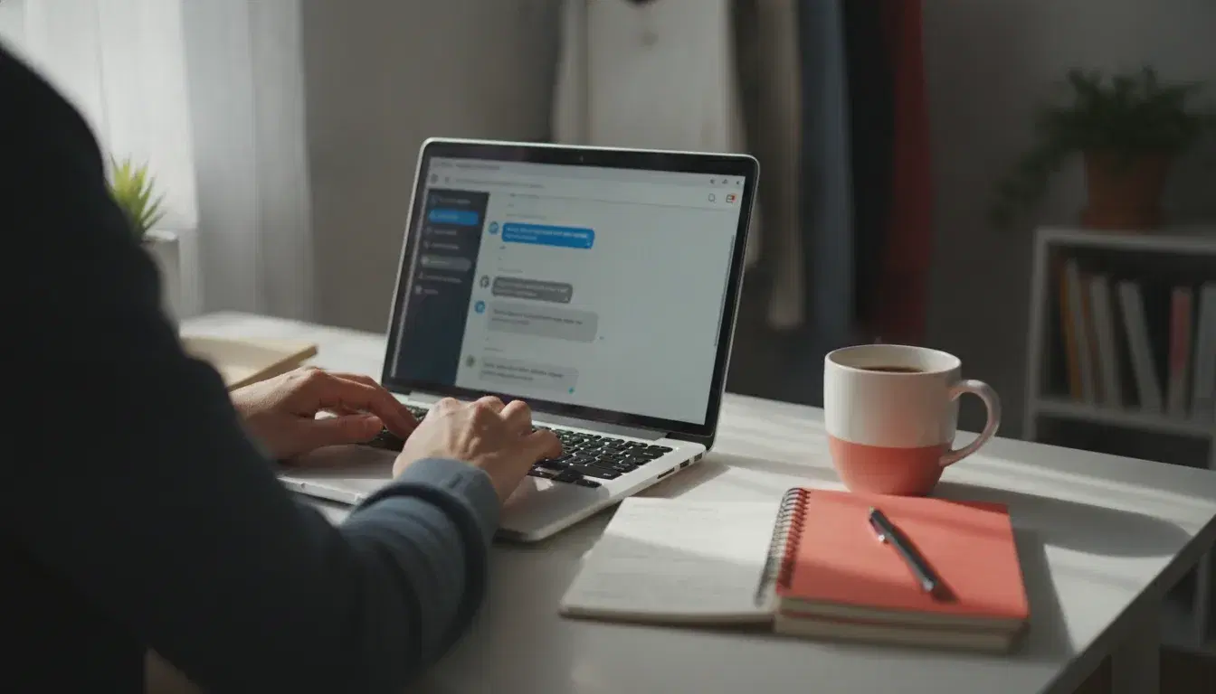 Small business owner using a conversational AI assistant on a laptop at their desk