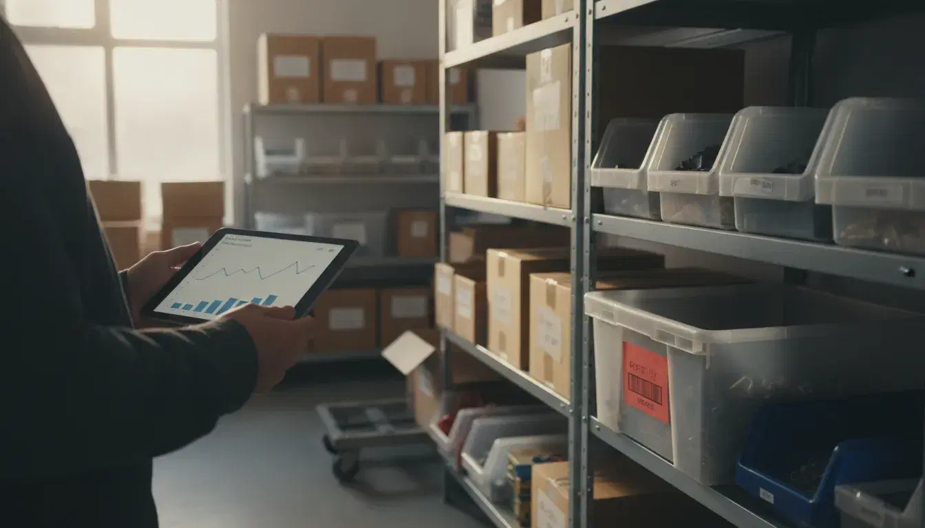 Mains tenant une tablette affichant un graphique de stock devant des étagères de réserve d'un petit commerce
