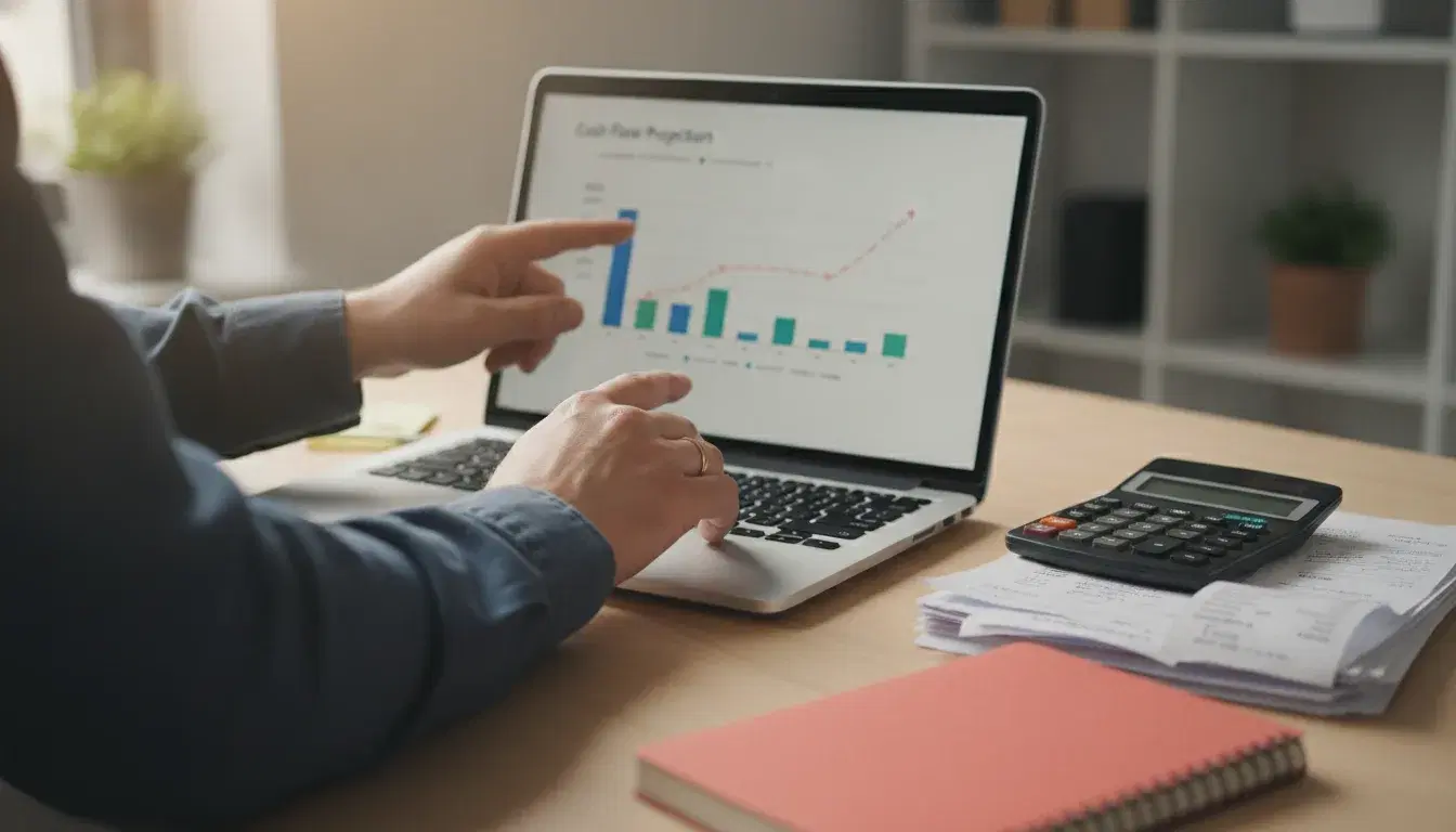 Dirigeant de TPE-PME consultant une prévision de trésorerie générée par IA sur son ordinateur portable, avec des factures papier et un carnet corail sur le bureau