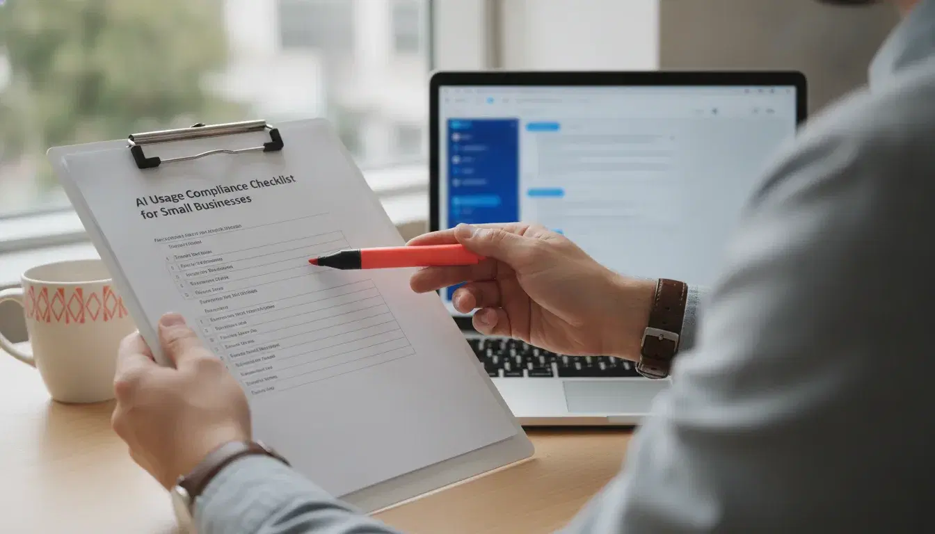 Mains consultant une checklist de conformité IA imprimée à côté d'un ordinateur portable dans un bureau