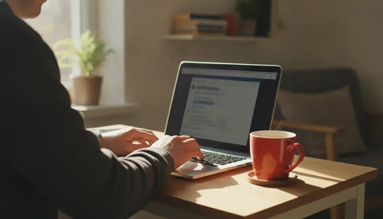 Mains sur un clavier d'ordinateur portable avec une interface de chat de service client à l'écran et un mug corail sur le bureau