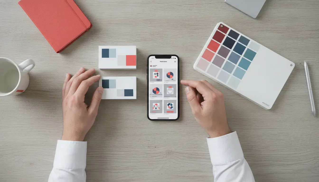 Mains disposant des cartes de visite imprimées et un nuancier de couleurs à côté d'un smartphone affichant une grille de publications sur les réseaux sociaux