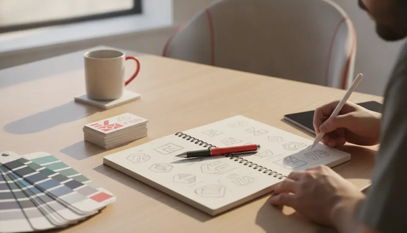 Nuancier de couleurs et croquis de logo sur le bureau d'un designer, avec un stylo rouge corail