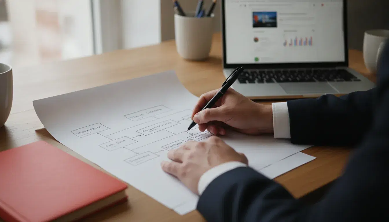 Croquis d'un maillage interne de site web dessiné à la main sur un bureau en bois, avec un ordinateur portable en arrière-plan