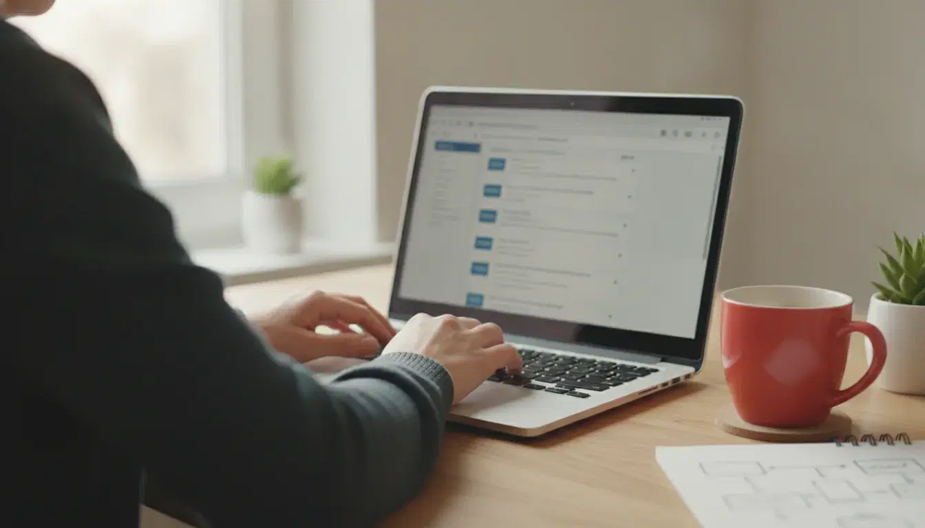 Person typing on a laptop to automate prospecting email sequences, coral red mug on the desk